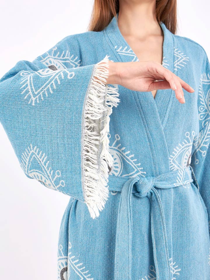 Yaz Concepts - Wholesale Kimono - Women's - Blue Evil Eye Jacquard Bathrobe Kimono Robe Kaftan Caftan