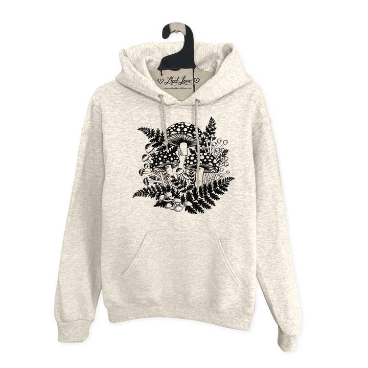 Chandail à capuchon unisexe en polaire à l'avoine avec fougères aux champignons pour la vente par Mad Love Shop