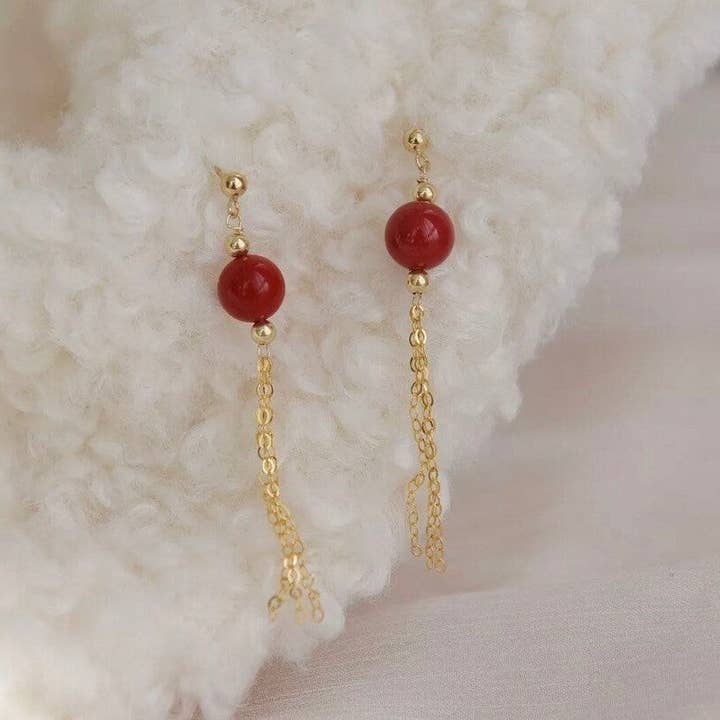 Haengseongworkshop - Wholesale Dangle Earrings - Chinese Style Gold/Silver Lantern Lunar New Year Elegant 8mm Red Jade Earrings 7cm