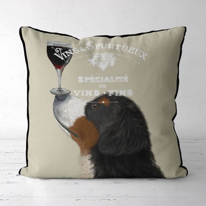 Bernese Dog Au Vin Weinkissen oder wasserabweisendes Kissen für den Großhandel von FabFunky Ltd