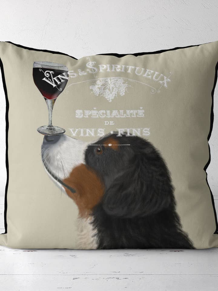 Cuscino Bernese Dog Au Vin Wine o cuscino resistente all'acqua per la vendita all'ingrosso da parte di FabFunky Ltd