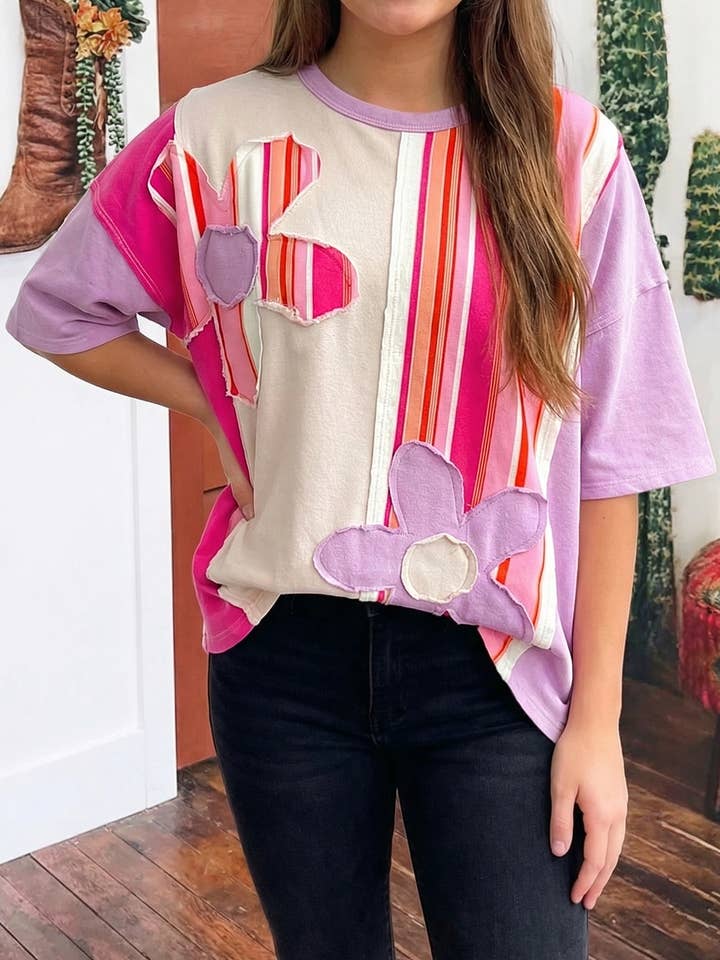 Striped Color Block Flower Patched Half Sleeve Summer Top for wholesale by fashionworks