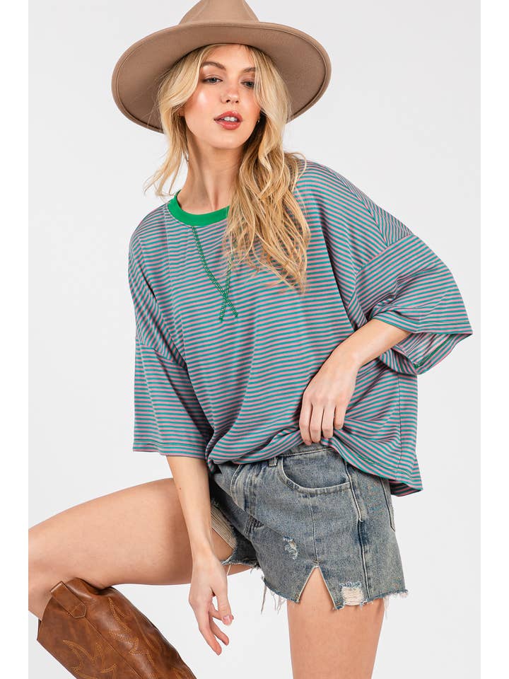 Ces Femme USA - Wholesale Knit Top - Women's - TS13916STA/Contrast Band Striped Shirts Casual Top