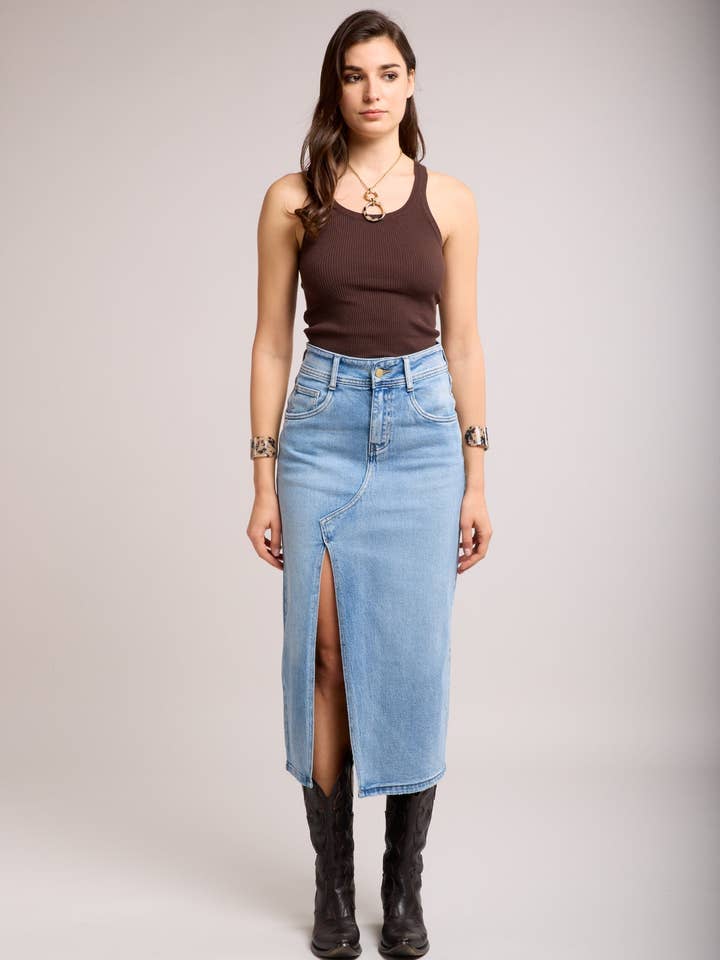 Dirty blue Jupe jean fendue avant coté - Cély for wholesale on Faire