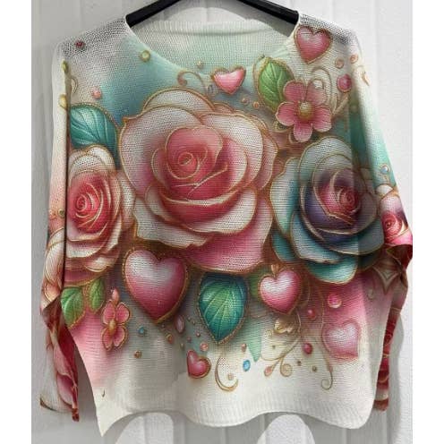COROS Pink Roses Round Knit Printed Sweater LOOWIE for wholesale by LOOWIE