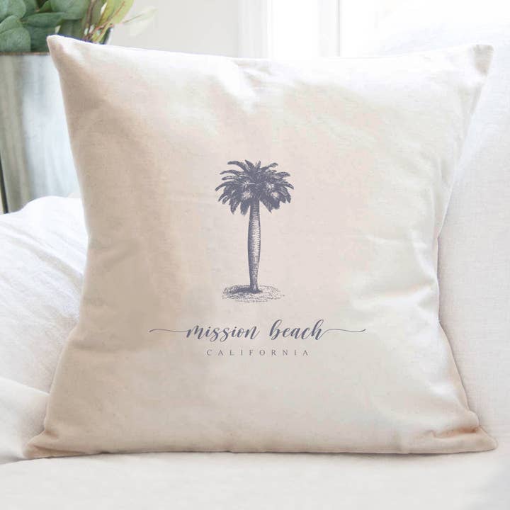 Palm Tree w/ City, State - Coussin carré en toile personnalisé pour la vente par Cottage Shore