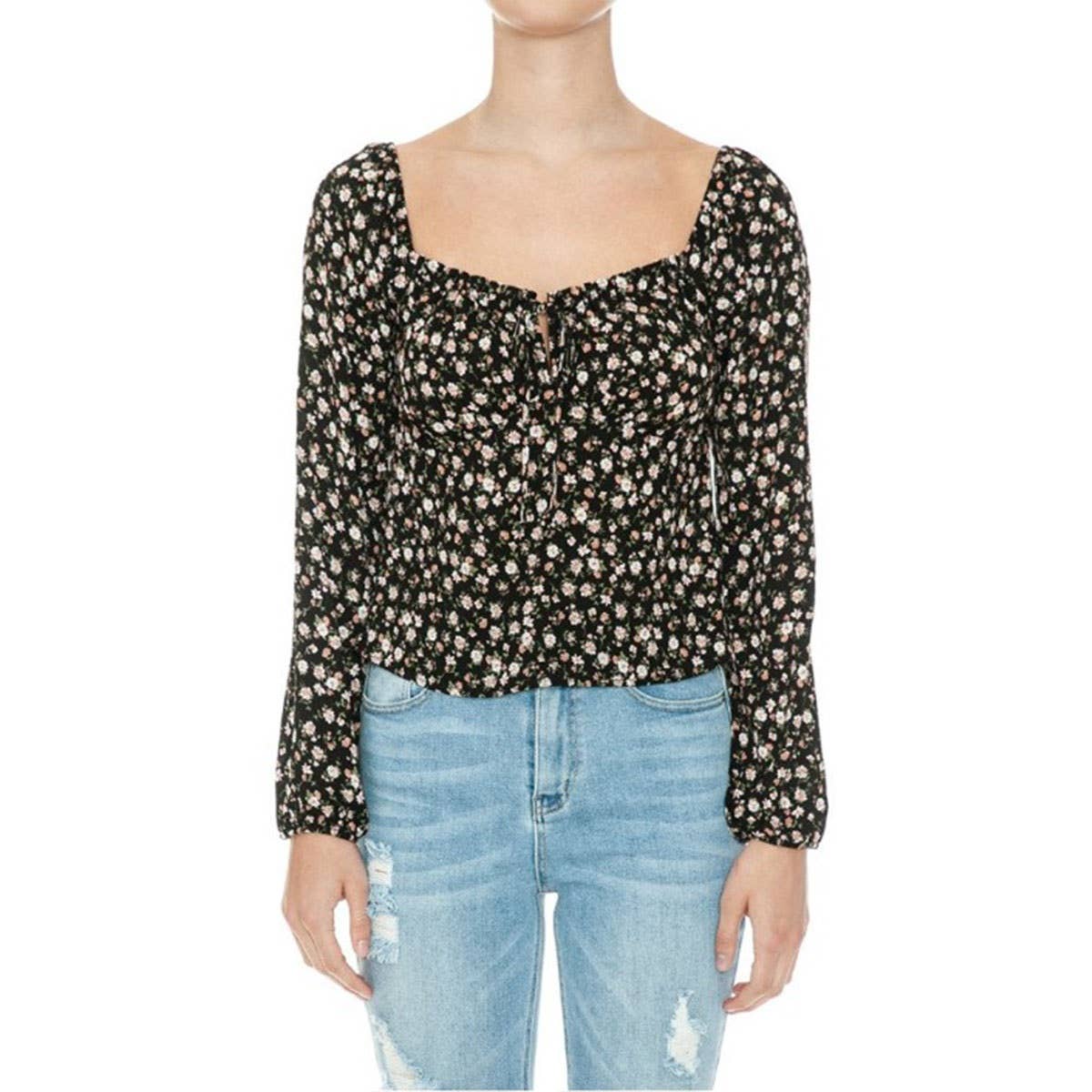 UP CLOTHING - Wholesale Knit Top - Women's - Floral Print Long Sleeve Peasant Woven Top0