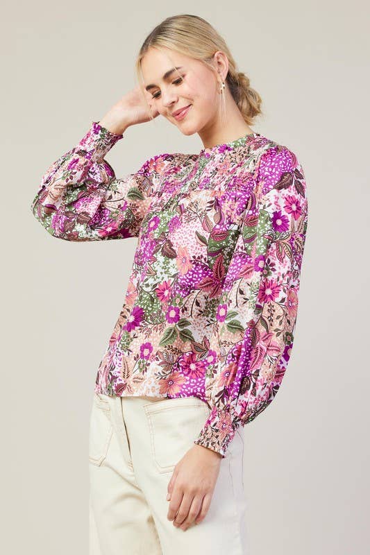 Orchid Multi Long Sleeve Printed Smock Neckline Blouse for wholesale on Faire2