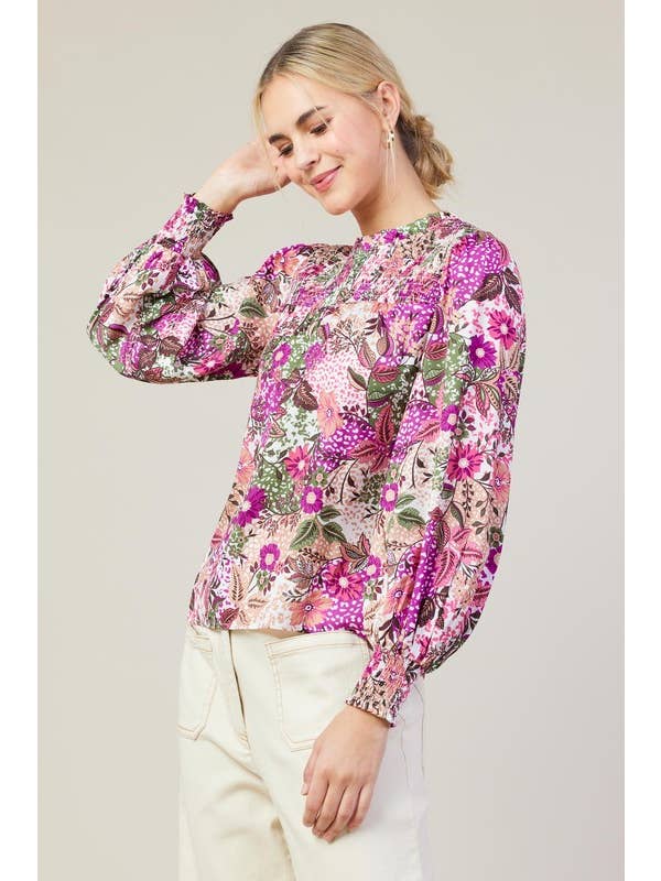 Orchid Multi Long Sleeve Printed Smock Neckline Blouse for wholesale on Faire2
