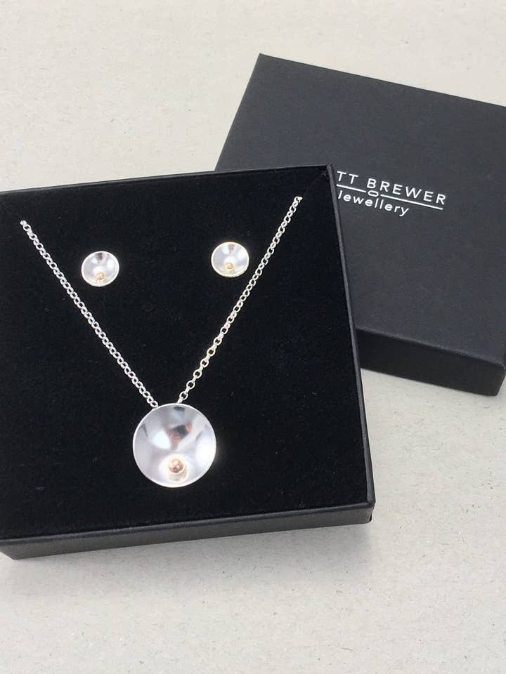 Recycled Sterling Silver and 9ct Gold Necklace & Earring Set for wholesale by Matt Brewer Jewellery