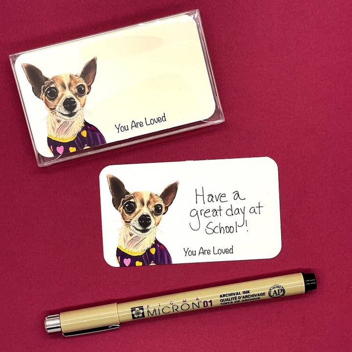 Woollybear Travels - Wholesale Stationery/Notecard Set - Pawsitive Notes- Rescued Chihuahua (Lunch Box Notes)2