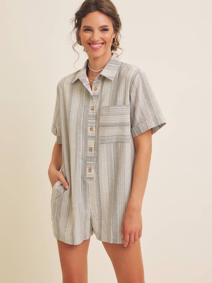 TEXTURED COTTON BUTTON-DOWN STRIPE OVERSIZED ROMPER for wholesale by in february