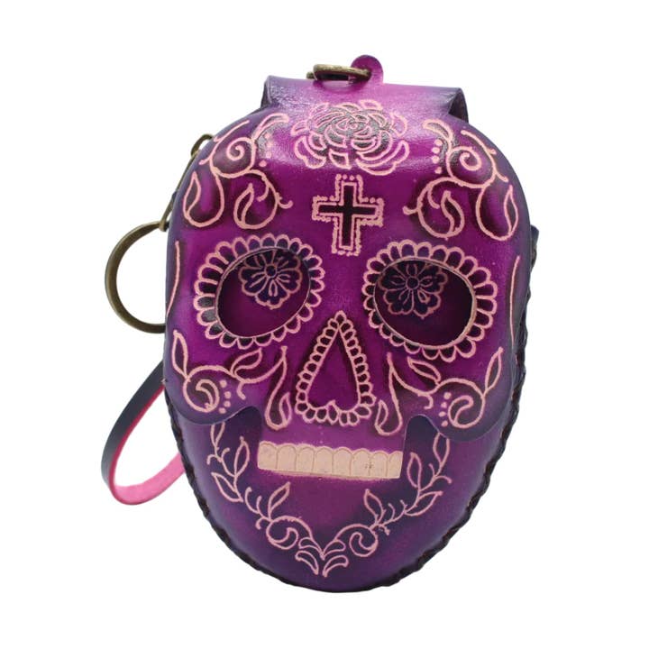leather Skull Wristlet coin purse day of dead purse large size for wholesale by Sunflower Handmade leather inc