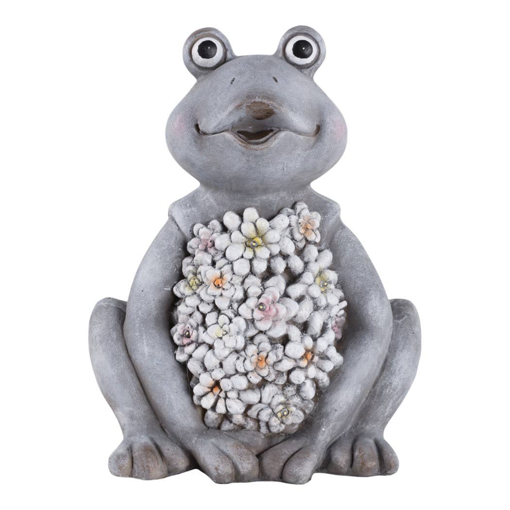 Sagebrook Home - Wholesale Outdoor Ornament/Decor - Ceramic Sitting Frog Statue Solar Flowers - Gray, 13 in.3