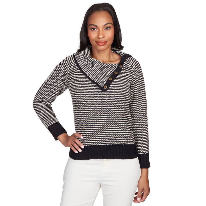 Button Detail Split Neck Striped Weave Sweater for wholesale by Skye's the Limit