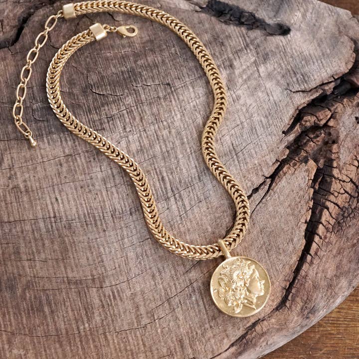 PennyLine inc - Wholesale Pendant/Charm Necklace - Coin Statement Chain Necklace in Worn Gold Tone