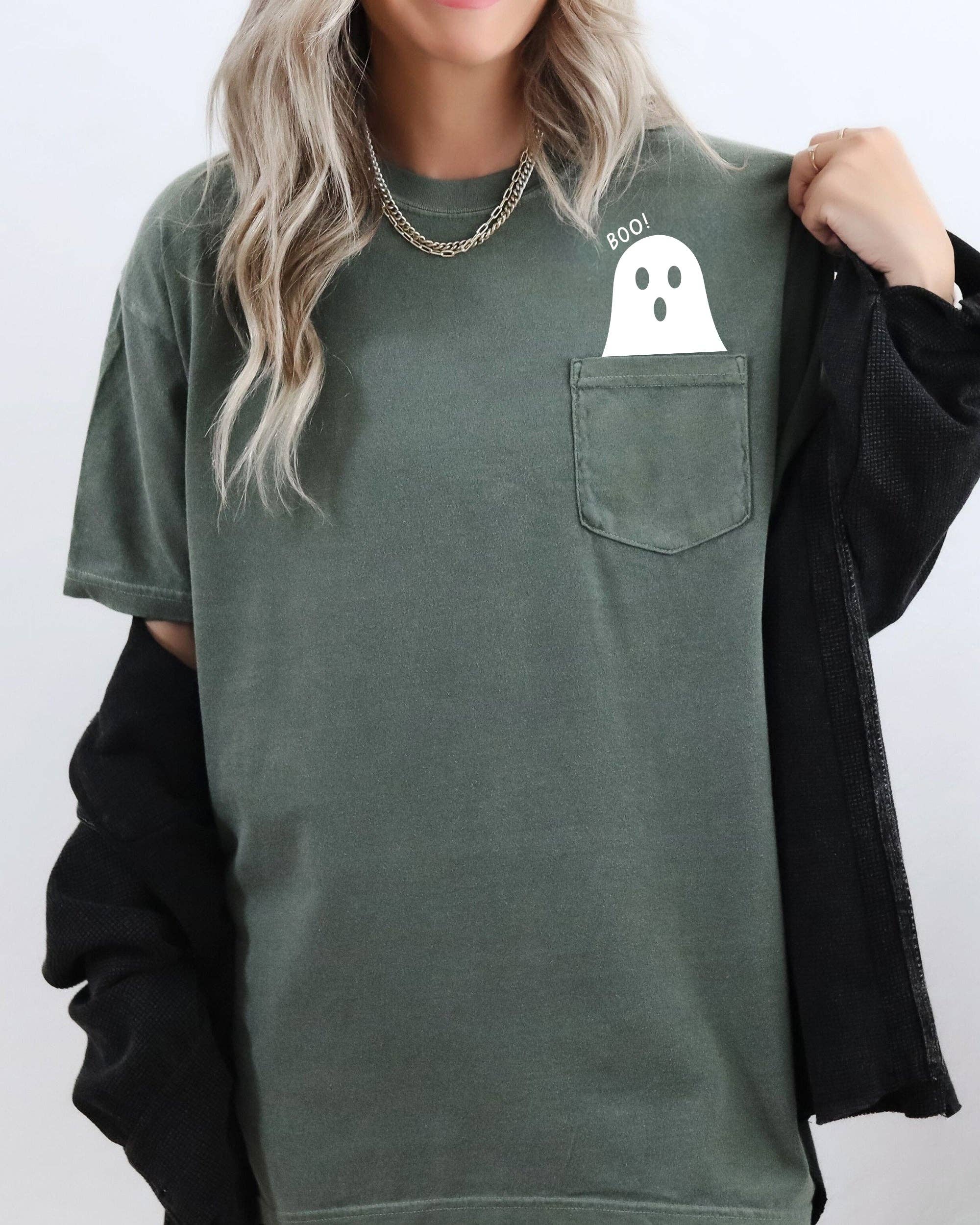 Refinery Number One LLC - Wholesale Screen Printed T-Shirt - Women's - Boo Ghost Halloween Pocket, Cute, Skeleton, Ghost Tee2