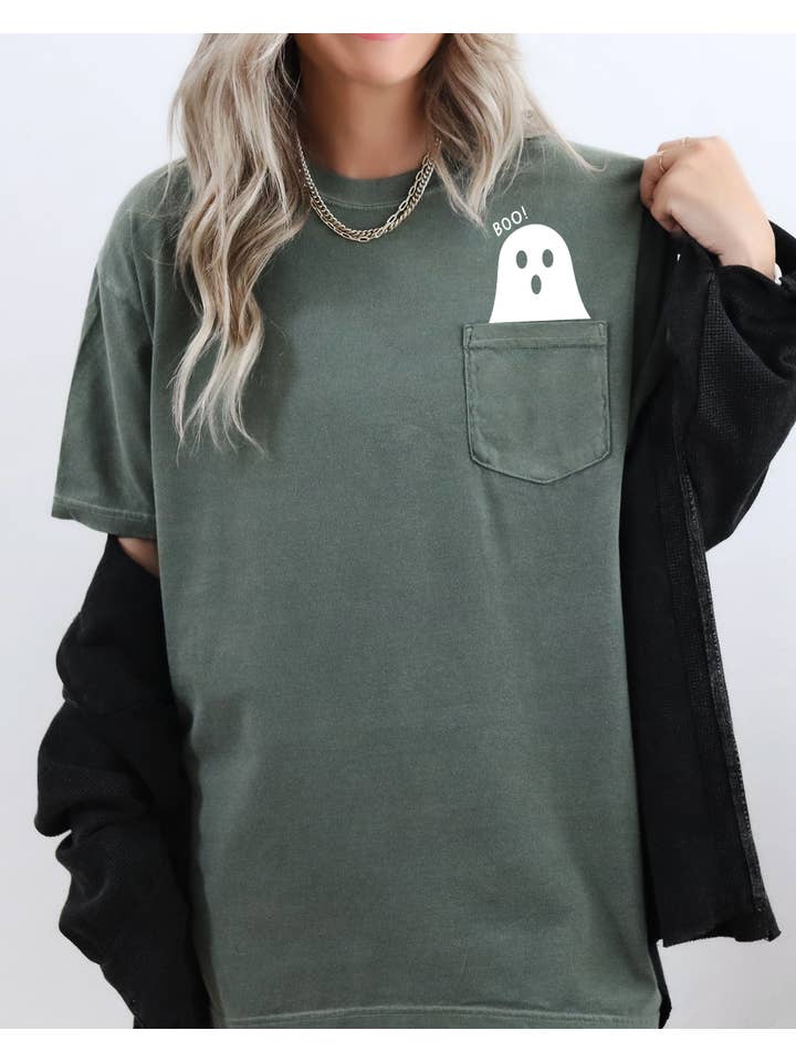 Refinery Number One LLC - Wholesale Screen Printed T-Shirt - Women's - Boo Ghost Halloween Pocket, Cute, Skeleton, Ghost Tee2