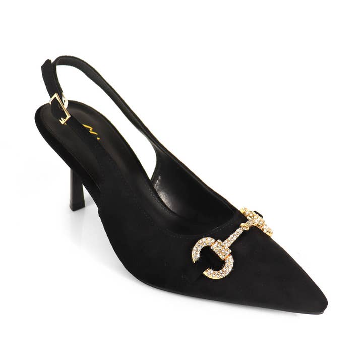 MARIBEL-1 POINTED TOE RHINESTONE HORSEBIT W/SLINGBACK PUMP BLACK for wholesale by Liliana Shoes
