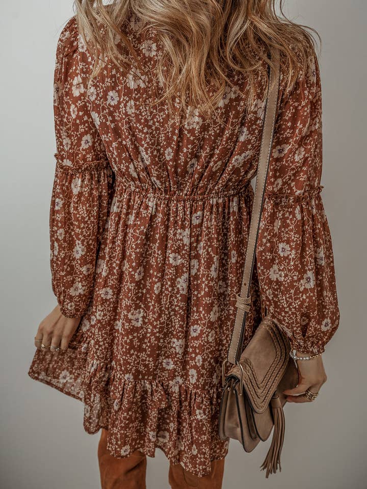 Brown Ashley Boho Floral Puff Sleeve Mini Dress for wholesale on Faire1