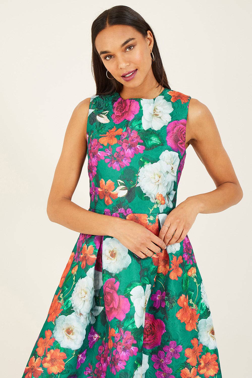Yumi Green Floral Jacquard Skater Dress for wholesale on Faire0