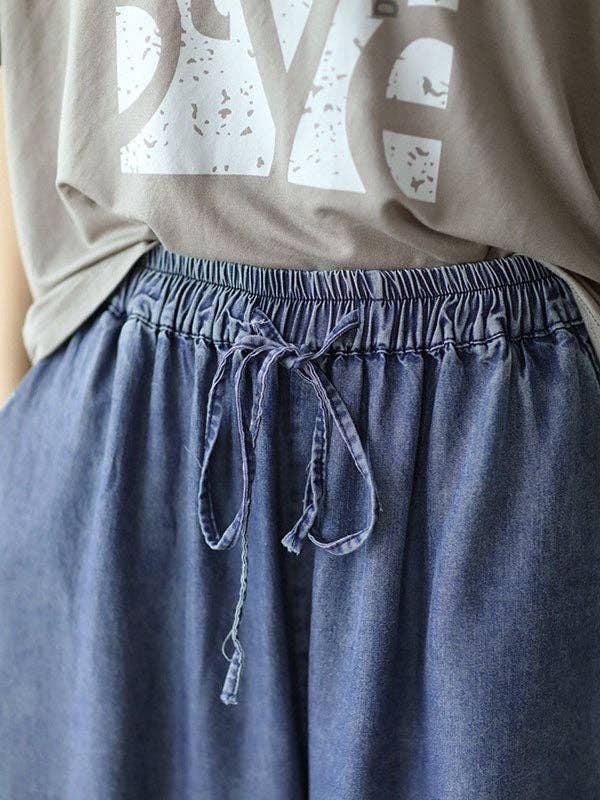 DENIM BLUE High-Waisted Ninth Pants with Drawstring, Elastic Waistband, Pockets, and Solid Color Design for wholesale on Faire4
