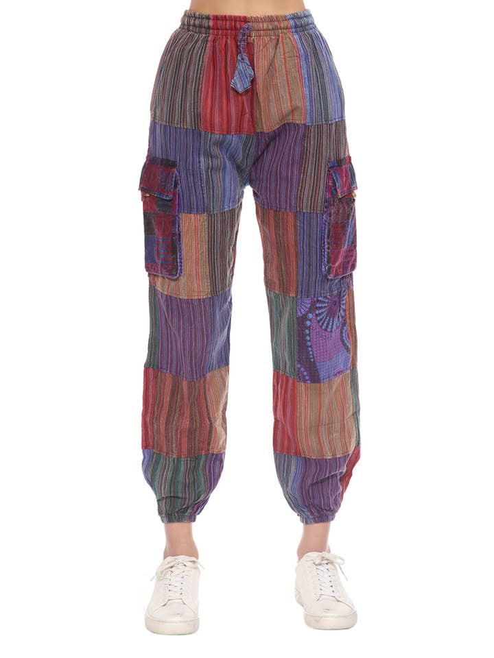 Sarouel hippie boho à patchs à rayures en coton délavé pour la vente par The Collection Royal / Royal Handicrafts