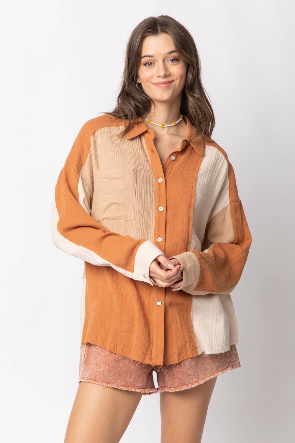 VERY J - Wholesale Button Down Shirt - Women's - NT10324-Color Blocked Button Down Shirt16