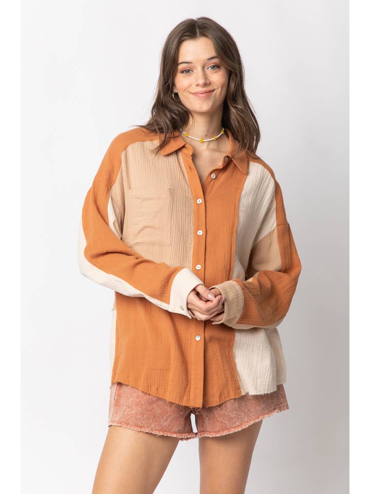 VERY J - Wholesale Button Down Shirt - Women's - NT10324-Color Blocked Button Down Shirt16