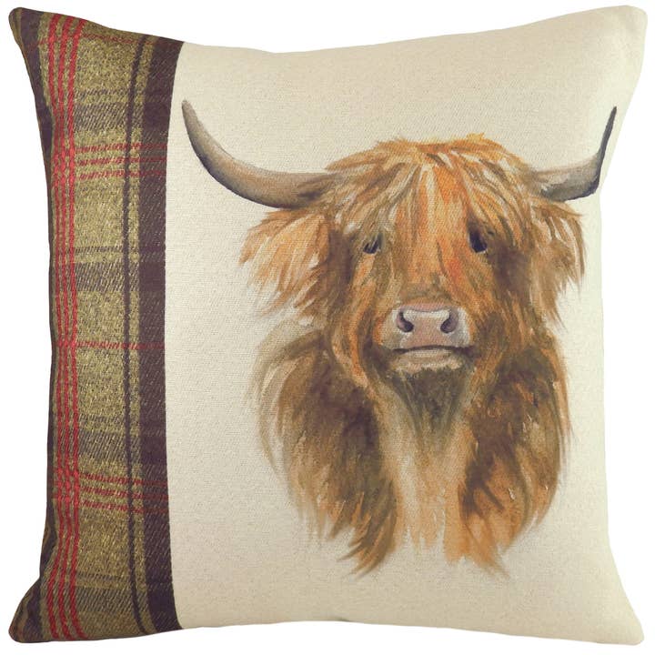 Sable Coussin carré Hunter Highland Cow, sable en vente sur Faire