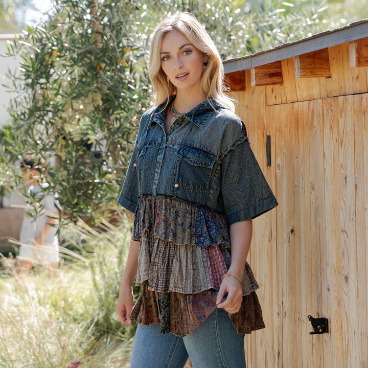 Young Threads - Wholesale Blouse - Women's - Front-Open Hooded Denim Shirt with Playful Mixed Ruffles
1