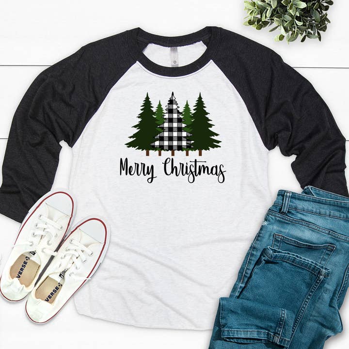 Plaid Christmas Tree - Women's Christmas Raglan for wholesale by Maley Designs LLC