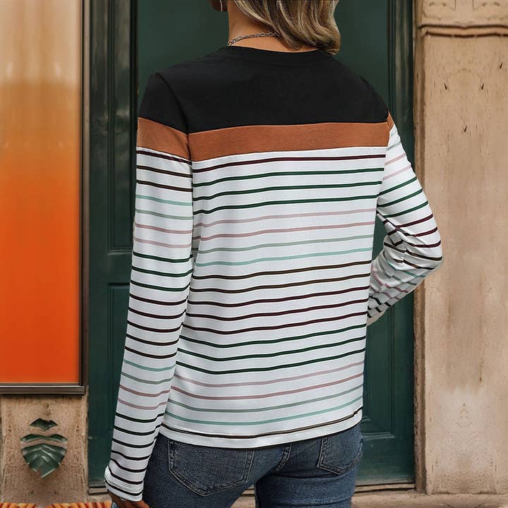 Black Crew Neck Colored Striped Contrast Long Sleeve T-Shirt for wholesale on Faire