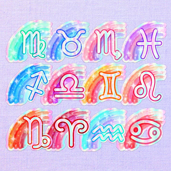 Zodiac Signs Rainbow Symbol Holographic Vinyl Sticker for wholesale by LooLooKazoo