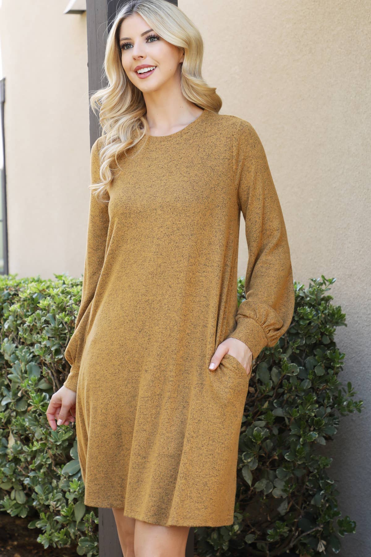 You & Me - Wholesale Dress - Women's - YMD10063V-PUFF LONG SLEEVE HACCI BRUSHED DRESS16