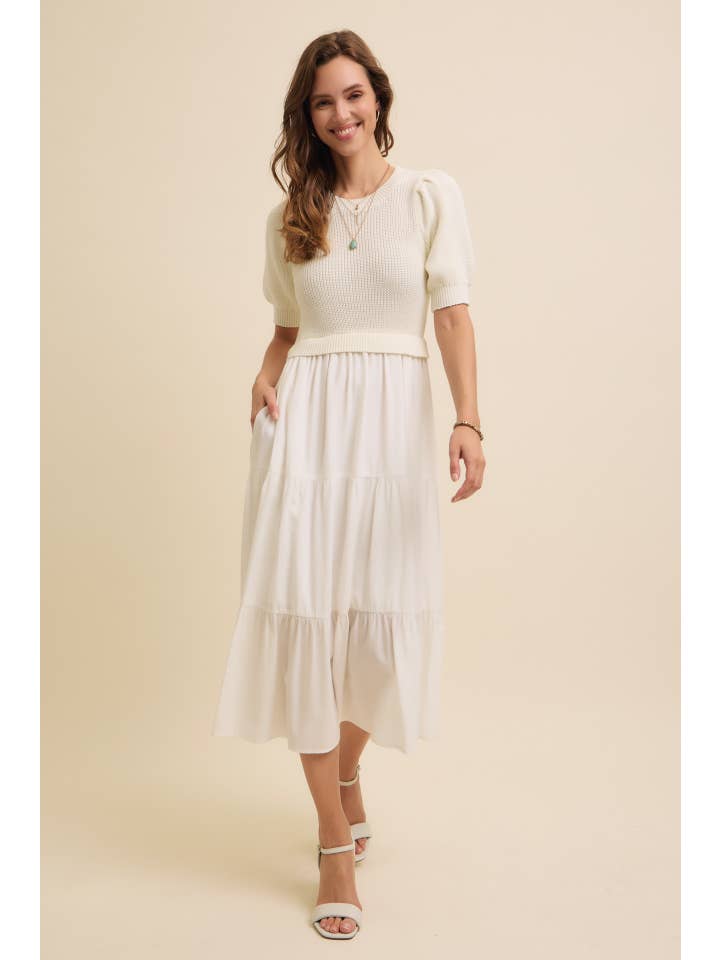 in february - Wholesale Dress - Women's - MIXED MEDIA SWEATER MIDI DRESS WITH WOVEN SKIRT