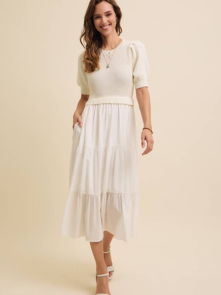 MIDI-JURK MET GEMENGDE MEDIA EN GEWEVEN ROK voor wholesale door in february