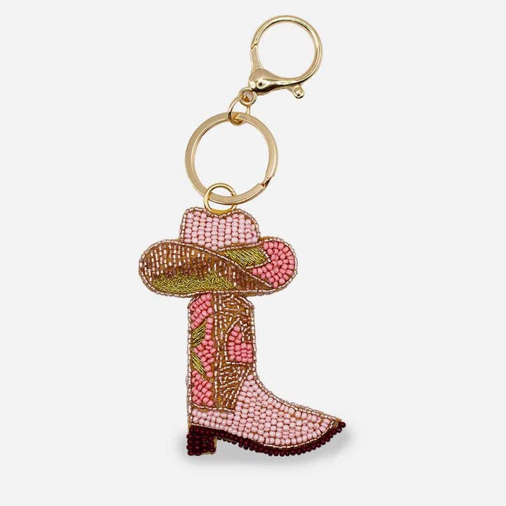 Pink Cowboy Boot Beaded Bag Charm for wholesale by Pizzazz, Inc.