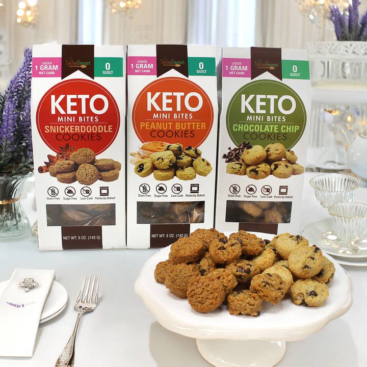 Keto Mini Bites - peanut butter, choc chip, snickerdoodle for wholesale by Too Good Gourmet