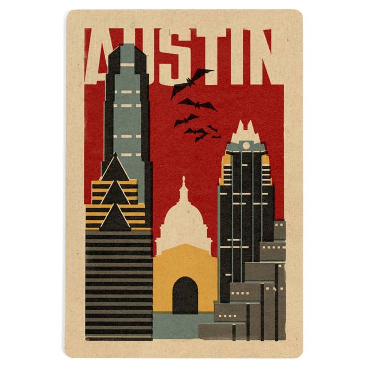 CARTE POSTALE EN BOIS Austin, Texas, Woodblock pour la vente par Lantern Press