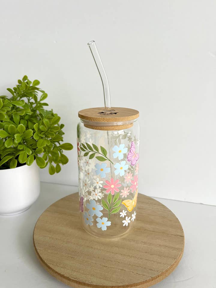 Spring garden iced coffee glass with lid & straw for wholesale by Birdie & Co.
