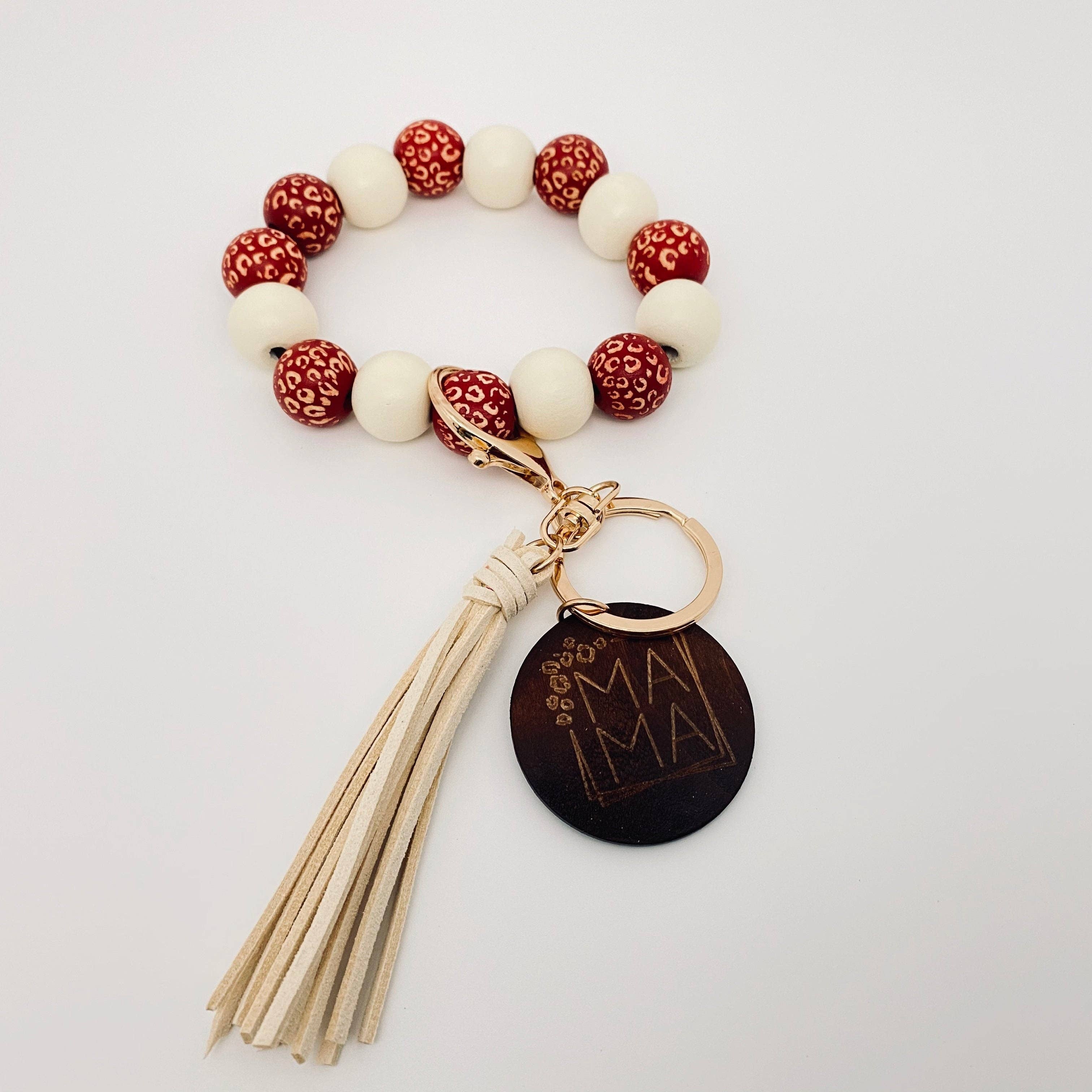 Mio Queena – Engroshandel Nøgleringarmbånd – MAMA vedhæng i træ med perler og elastisk armbånd til nøgler12