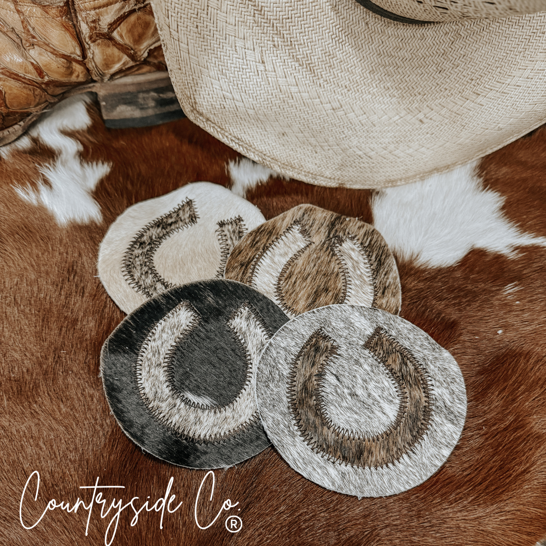 Texas Western Cowhide Bags and More - Wholesale Coasters - Horseshoe Cowhide Coaster Set1