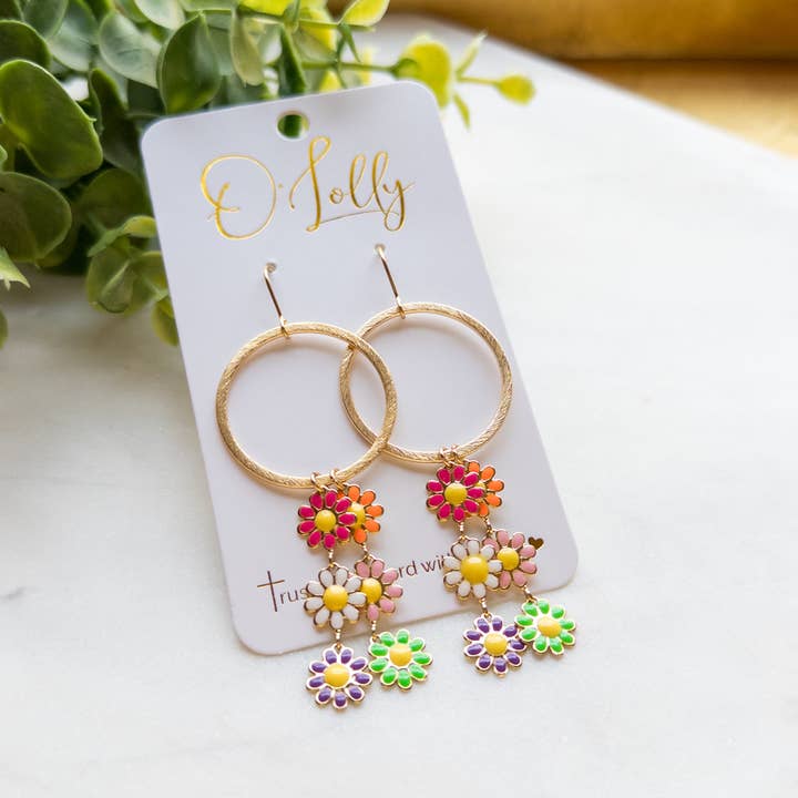 Gold Hoop w/Colorful Flower Dangles - “Alisha” for wholesale by O’Lolly Jewelry