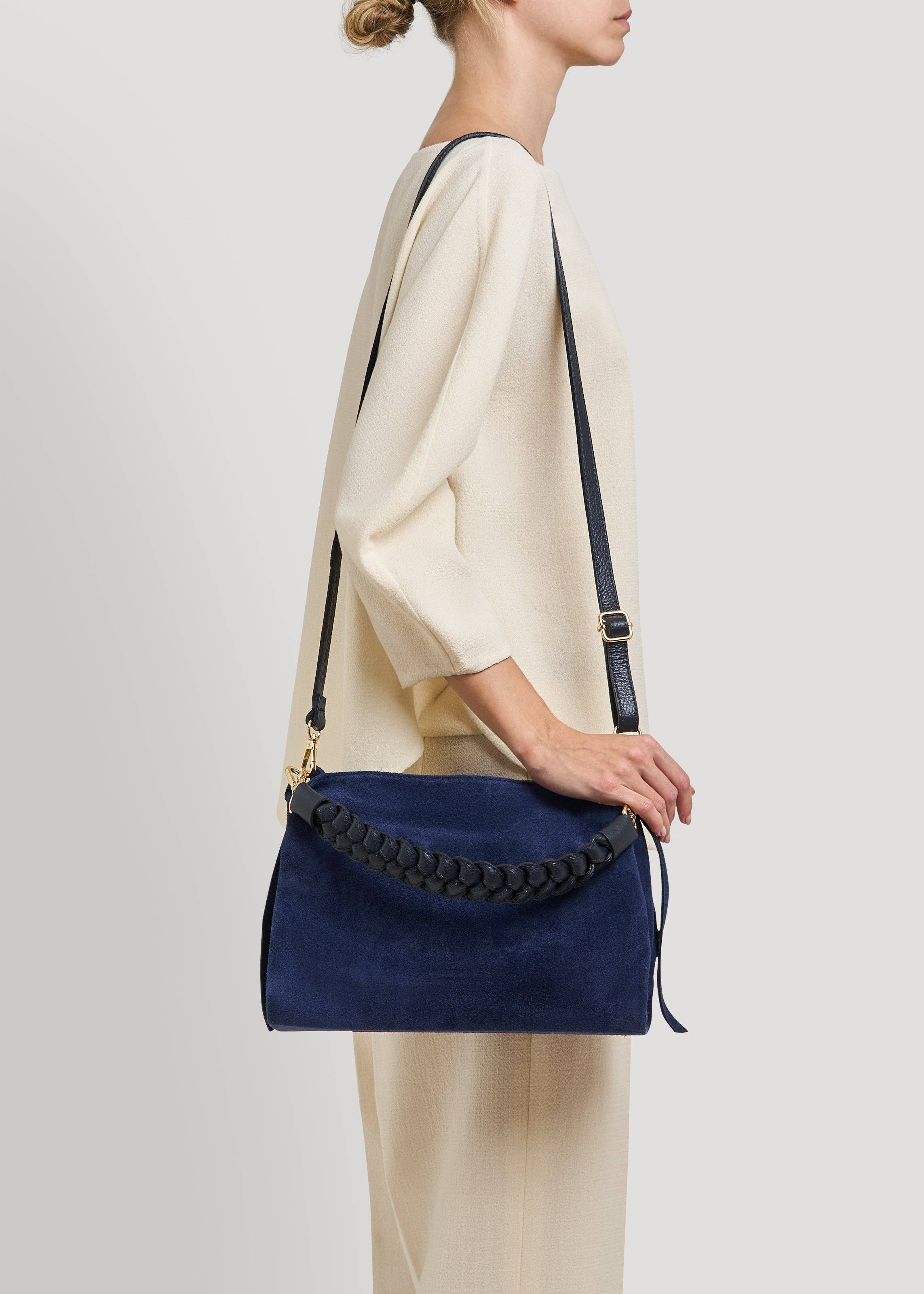 Voemièn - Vente Sac porté épaule – femme - Sac Braid en daim bleu marine et cuir Dollar6