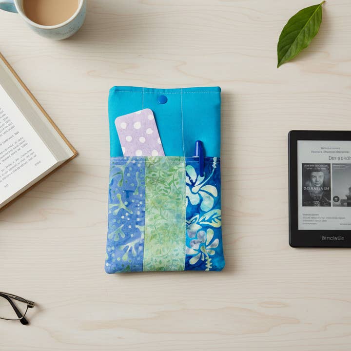 Quiltad surfplattefodral eller bokfodral med tryckknappsstängning - Teal Batiks - Strandvibbar - Bokmys - Handgjord - Liten - 5,5" x 9" för wholesale av Ann Gregory Designs
