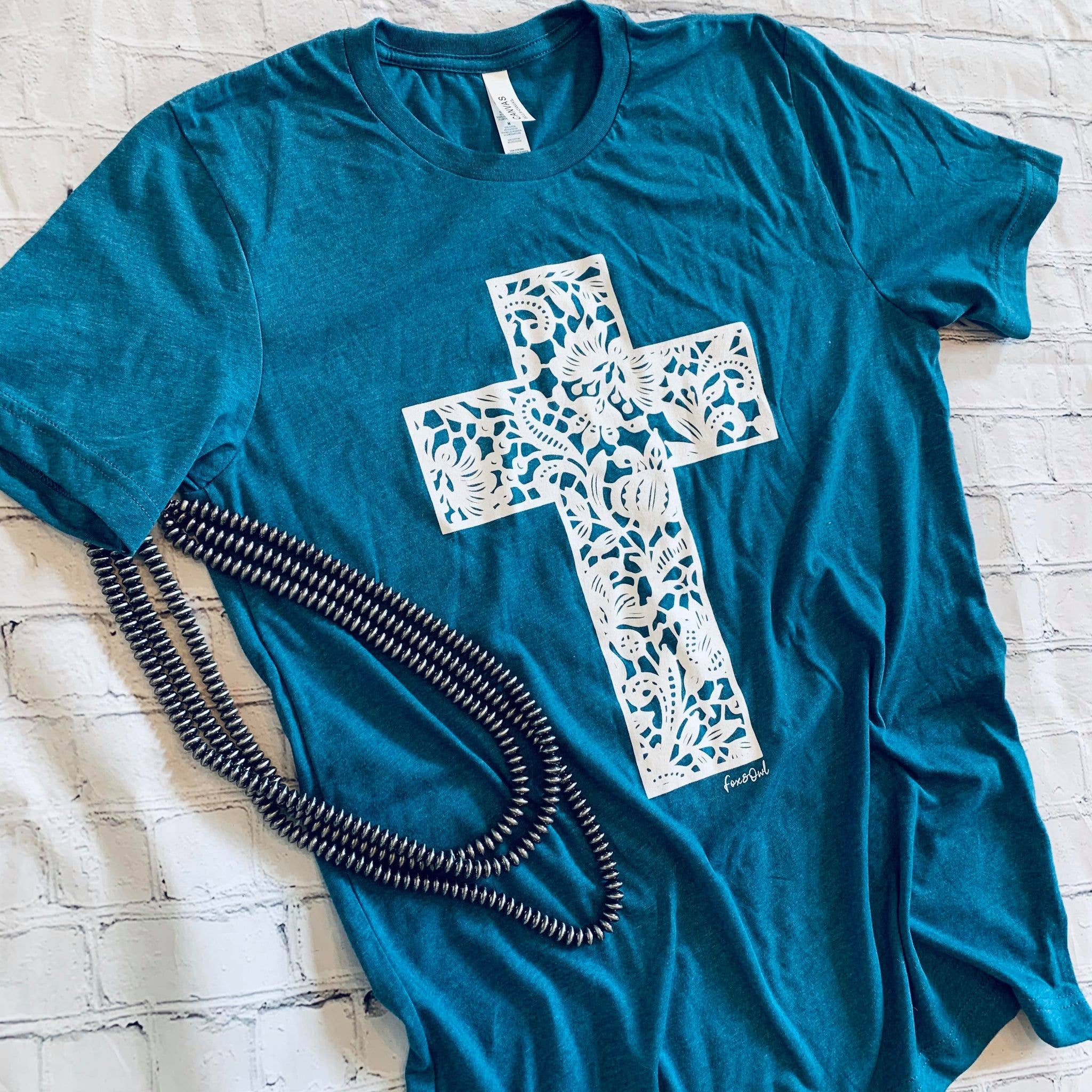 Fox and Owl Apparel-Graphic Tee's - Wholesale Screen Printed T-Shirt - Women's - Christian Lace Cross Teal Spring Graphic Tee Free Shipping1
