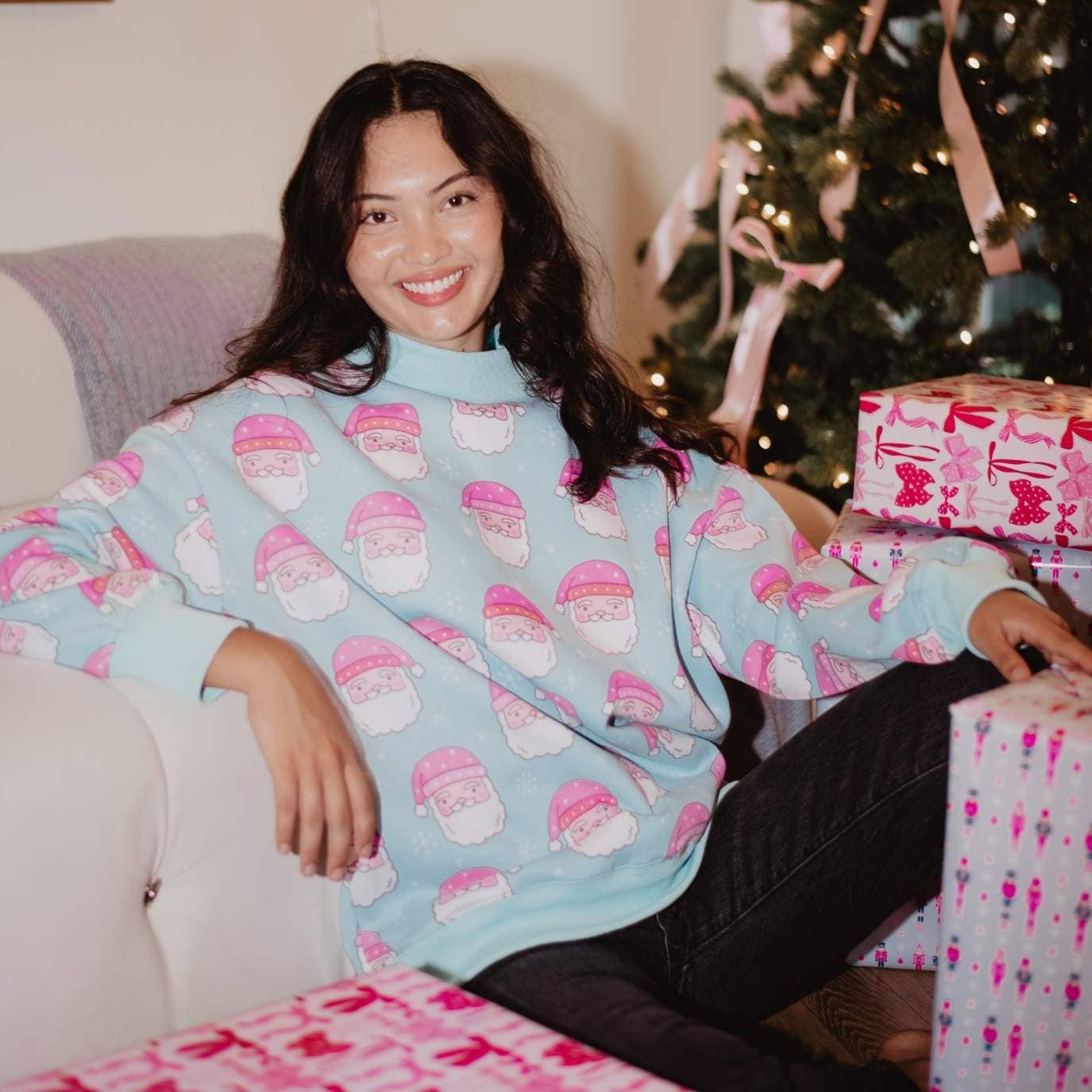 Light Blue Pink Santa Faces All Over Print Christmas Sweatshirt for wholesale on Faire3
