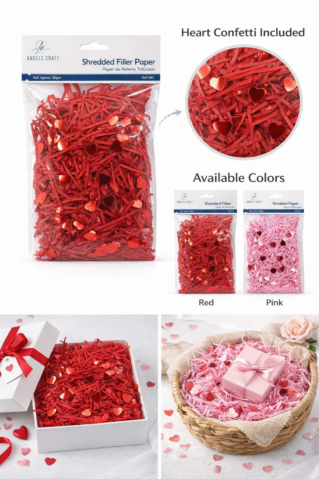 Angels Craft – Engroshandel Håndværk forsyninger – Strimlet papirfyld med hjertekonfetti – 30g2