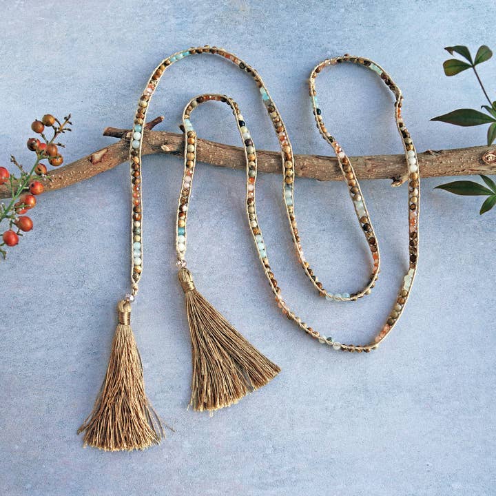 Multi Gem Wrap Necklace With Tassel for wholesale by IST Jewelry